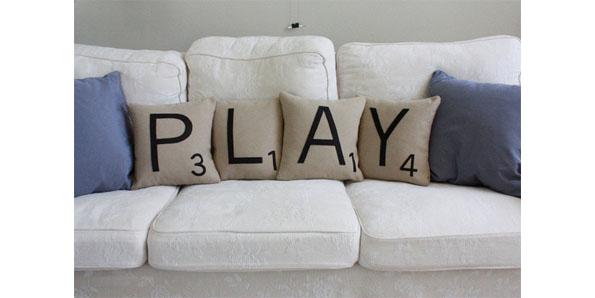 Couches and pillows that look like a scrabble board
